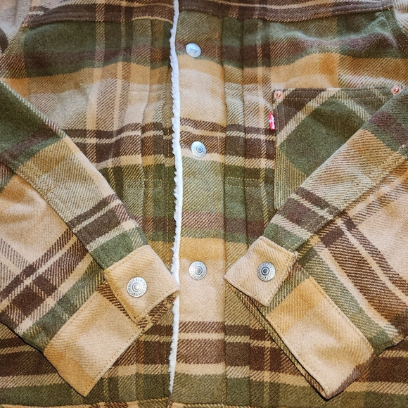 LEVI'S MEN'S PLAID WOOL- BLEND SHERPA-LINED TRUCKET JACKET BROWN/GREEN SZ SMALL - Picture 3 of 13